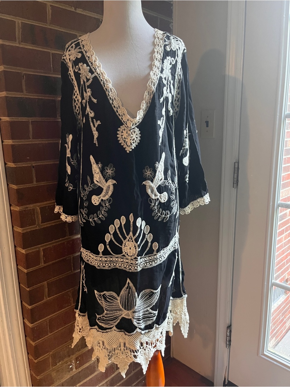 Black dress coverup with White Crochet Lace Trim
